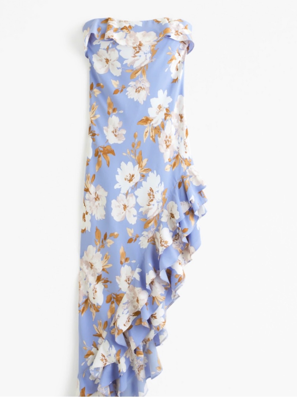 Strapless Blue Floral Ruffle Asymmetrical Dress